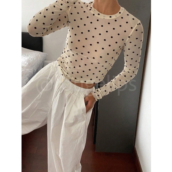 Cream Off White Polka Dot Mesh Sheer Long Sleeve Tee Shirt Top - Picture 7 of 13